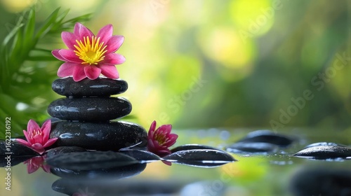 A serene scene of a pink lotus flower with a yellow center, balanced on a stack of black stones, surrounded by water and greenery in a tranquil setting.
