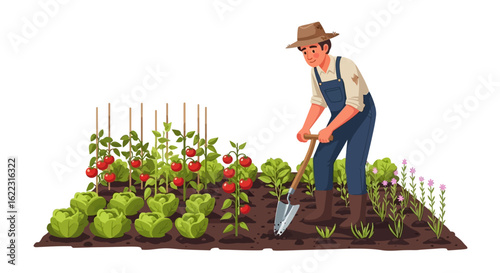 Illustrative portrayal of a gardener tending to a vegetable garden with a variety of plants and crops depicting idyllic rural life