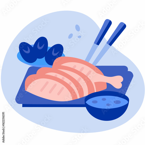Peking duck served on cutting board with chopsticks and sauce  