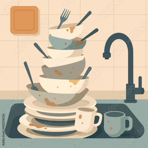 Messy kitchen sink with a tall stack of dirty plates, bowls, mugs, and utensils. Flat vector illustration showing household chores and everyday dishwashing scene.