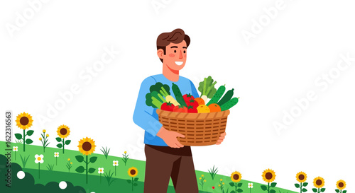 Joyful farmer showcasing his bountiful harvest of fresh produce in a vibrant sunflower field illustration