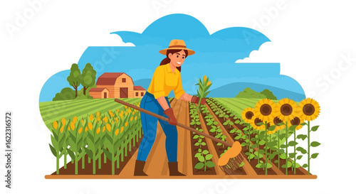 Female agricultural worker tending to crops on a rural farm under a bright sky with a rustic barn showcasing idyllic countryside scenery