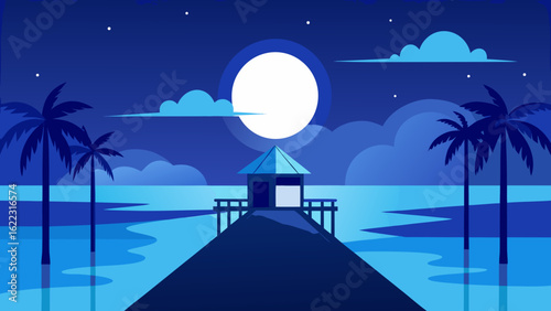 Night Scene with Wooden Pier Vector