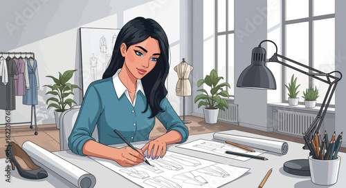 Fashion Designer Creating Sketches in her Workspace with Sunlight Streaming Through Windows