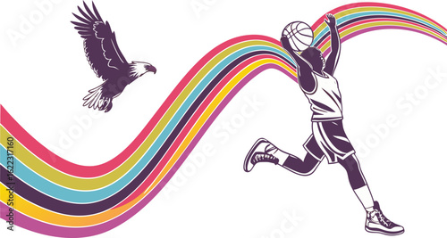 Dynamic basketball player soars with eagle, celebrating vibrant sporty victory on colorful abstract waves.