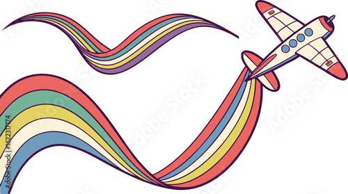 Whimsical airplane soars through vibrant rainbow trails creating a joyful, dreamlike atmosphere.