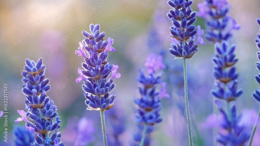 Naklejka premium A close-up of lavender flowers in a field with a blurred background.