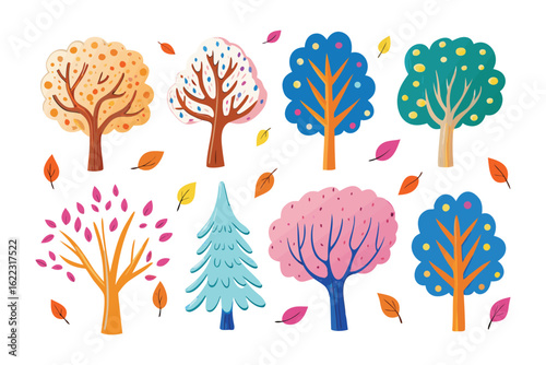 Autumnal Tree Set: A vibrant illustration captures an array of trees in their autumnal splendor, each showcasing a unique foliage and design. The artistic style evokes a sense of natural beauty.