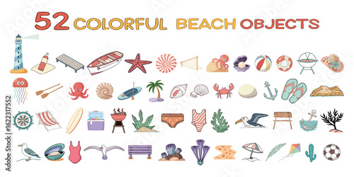 "52 Colorful Beach Objects Vector Set on White Background - Including lighthouse, boat, starfish, octopus, sea shell, crab and so on.