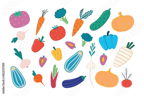 Fresh Harvest of Natural Delights: A vibrant, hand-drawn collection of various vegetables, each bursting with color and freshness, celebrating the abundance of nature's harvest and healthy eating.