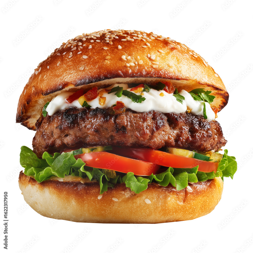 Grilled beef burger with lettuce, tomato, sumac, onion, cheese, and creamy tahini sauce isolated on white background, concept of Modern Arabic street fast food meal Grilled beef burger with lettuce, tomato, sumac, onion, cheese, and creamy tahini sauce isolated on white background, concept of Modern Arabic street fast food meal
