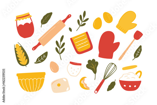 Culinary Creation: A vibrant illustration showcases an assortment of essential baking tools and ingredients, inviting culinary creativity.