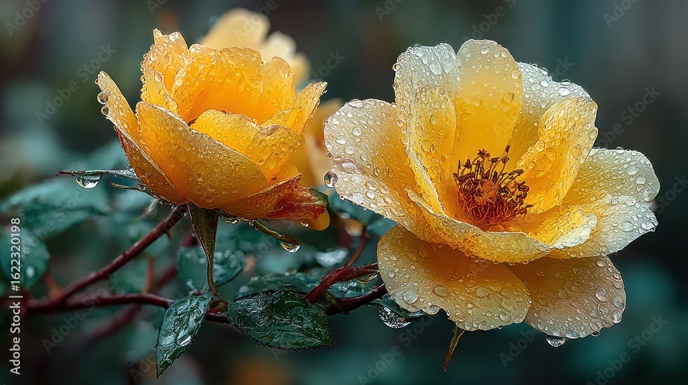Fototapeta premium Two vibrant yellow roses, covered in dew drops, on a branch