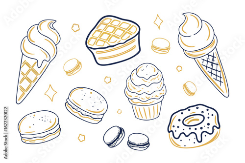 Dessert Delight: A vibrant collection of hand-drawn desserts in a visual symphony, showcasing a mouthwatering assortment of sweet treats in a captivating graphic.