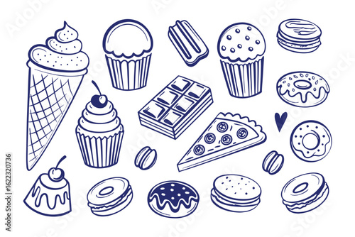 Sweet Treats in a Whimsical Array: A hand-drawn illustration of various delectable desserts, each with a unique charm, inviting indulgence and celebration.