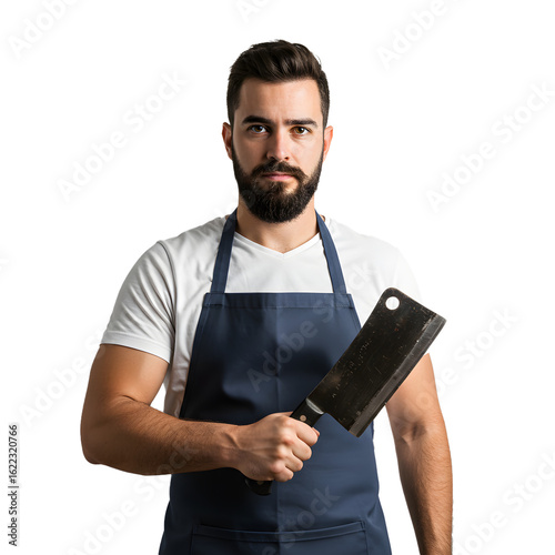 Butcher with a menacing Cleaver. The professional chef is ready to cut the meat to sell to customers.
