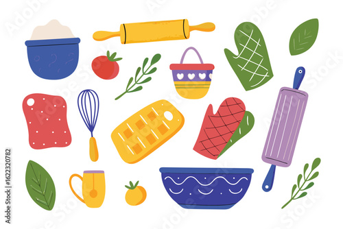 Baking Essentials: A colorful assortment of baking tools and ingredients, including rolling pins, mixing bowls, and oven mitts, artfully arranged for culinary creativity.