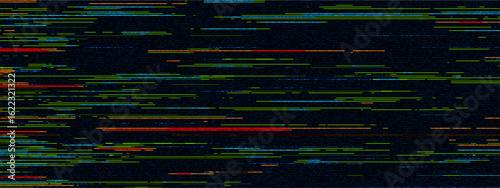 Glitch digital effect featuring abstract screen distortions and noise textures. Pixel chaos or broken patterns for futuristic designs. Neon VHS artifacts or interference colors for banners.