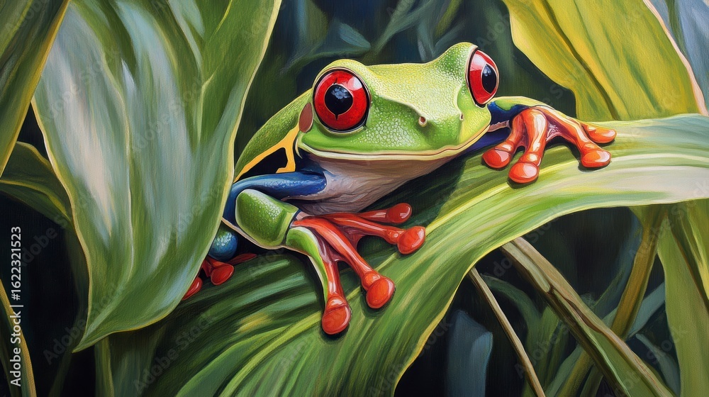 Vibrant red-eyed tree frog perched on lush green leaves. Vibrant red-eyed tree frog perched on lush green leaves.