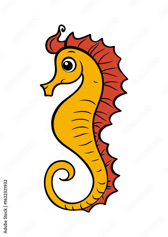 Obraz premium Colorful cartoon seahorse with red fins and yellow body 