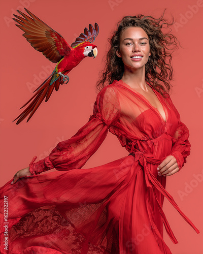Beautiful young woman in a red dress with a parrot on a red background