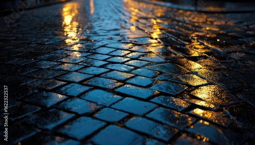 Wet cobblestones reflecting city lights at night