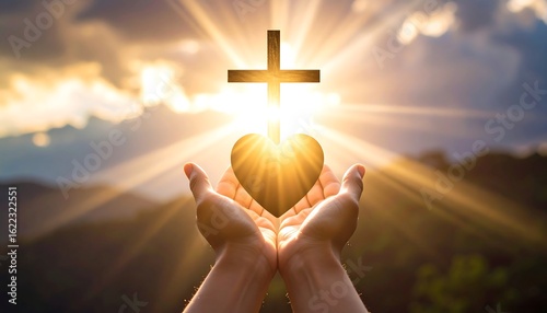 Hands cupped, holding a heart, backlit by a radiant cross at sunset