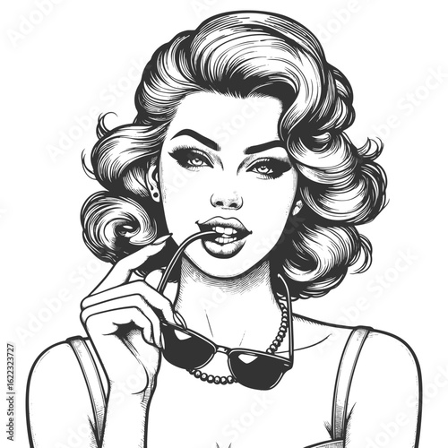 fashionable woman with curled hair playfully biting sunglasses, exuding charm and attitude sketch engraving generative ai fictional character vector illustration. Scratch board. Black and white image.