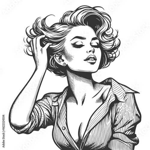 stylish woman in a button-up shirt, striking a bold pose with voluminous wavy hair sketch engraving generative ai fictional character vector illustration. Scratch board imitation. Black and white.