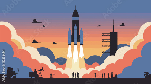 Rocket Launch into the Sky: A vibrant depiction of a rocket soaring into space, leaving a trail of billowing smoke and fire as it ascends towards a sunset sky, inspiring awe and wonder.