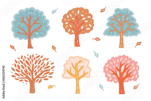 Arboreal Array: A charming collection of stylized trees, each uniquely designed, embodying a vibrant palette of autumnal colors and organic shapes.