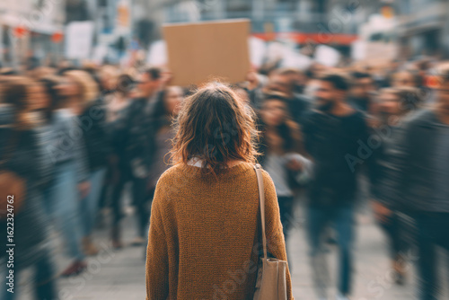 Young woman with curly hair stands alone middle of busy crowd city street, holding bag and observing chaos around her, conveying feelings of solitude and contemplation amidst hustle and bustle