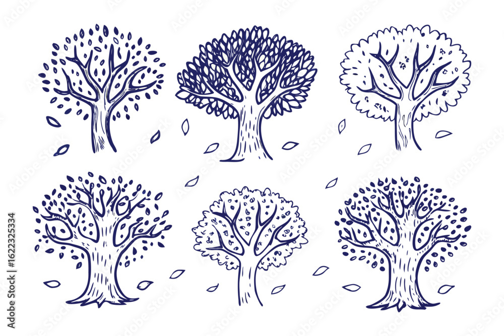 Naklejka premium Arboreal Harmony: A set of stylized, hand-drawn trees showcase diverse forms of arboreal life, each leaf and branch a testament to the forest's intricate dance of nature.