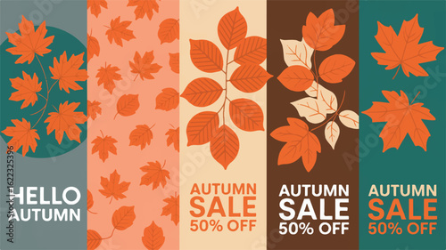 Autumn sale announcement with maple and beech leaves in orange and beige tones fall discount
