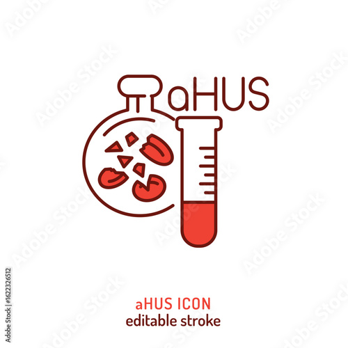 aHUS icon with test tube. Editable vector illustration of red blood cell fragments in lab context