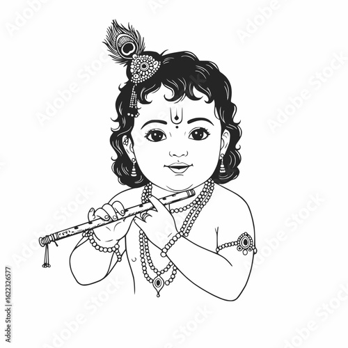 Baby Krishna Playing Flute: Monochrome Vector Illustration