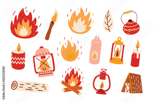 Cozy Campfire Elements Collection: Illustrative depiction of diverse cozy campfire elements, including leaping flames, a lit matchstick, lanterns, burning firewood.