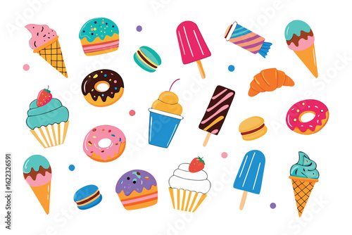 Sweet Treats Galore: A vibrant assortment of enticing ice cream, pastries, and delectable desserts, offering a delightful visual feast of sweetness. 
