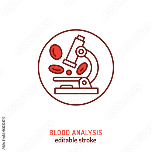 Blood analysis icon. Editable vector illustration of red blood cells under microscope