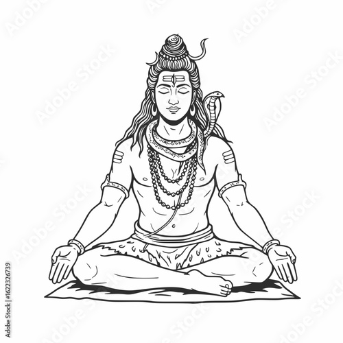 Serene Shiva: Meditating Hindu Deity Line Art Illustration