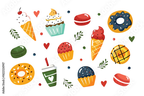 Sweet Delights: A vibrant assortment of sugary confections, from a cone to a donut, a charming array of tempting pastries for every sweet tooth.