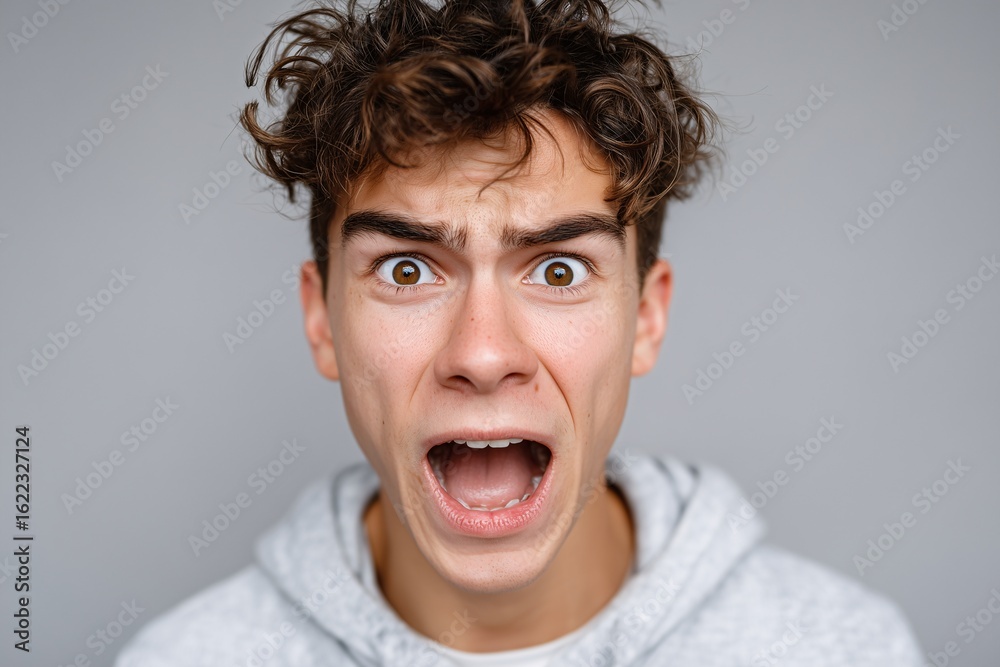 Young man in shock or fear expression, Surprised teenager with wide eyes, Reaction concept for unexpected news or suspense scene Young man in shock or fear expression, Surprised teenager with wide eyes, Reaction concept for unexpected news or suspense scene
