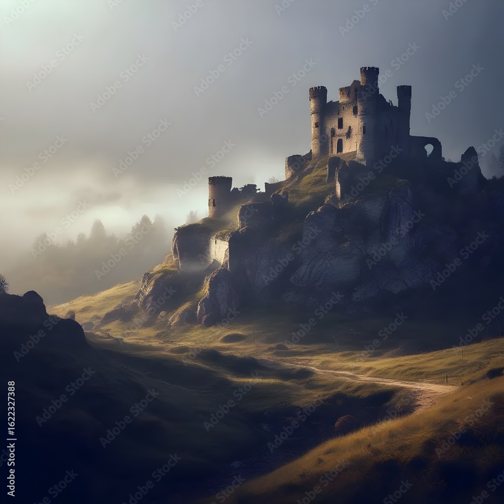 Fototapeta premium Majestic Castle Ruins Stand Proudly on a Hill, Embraced by Fog
