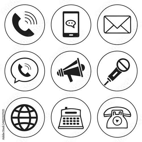 Icon Set Vector Illustration with Phone Email Globe and Megaphone in Modern Minimalist Style