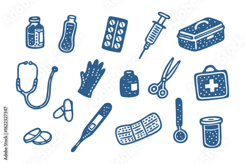 Medical Essentials Illustrated: A comprehensive illustration of medical essentials, meticulously drawn with a vintage, hand-drawn aesthetic.