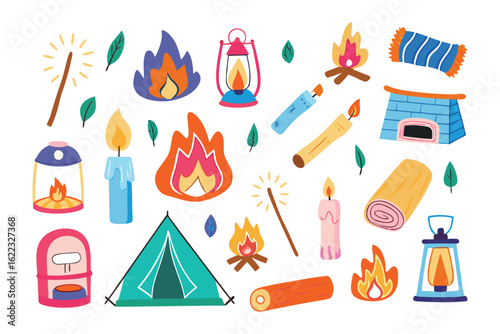 Camping Essentials: An illustration showcasing a variety of camping essentials, evoking the adventurous spirit of outdoor exploration and the cozy warmth of a campfire.