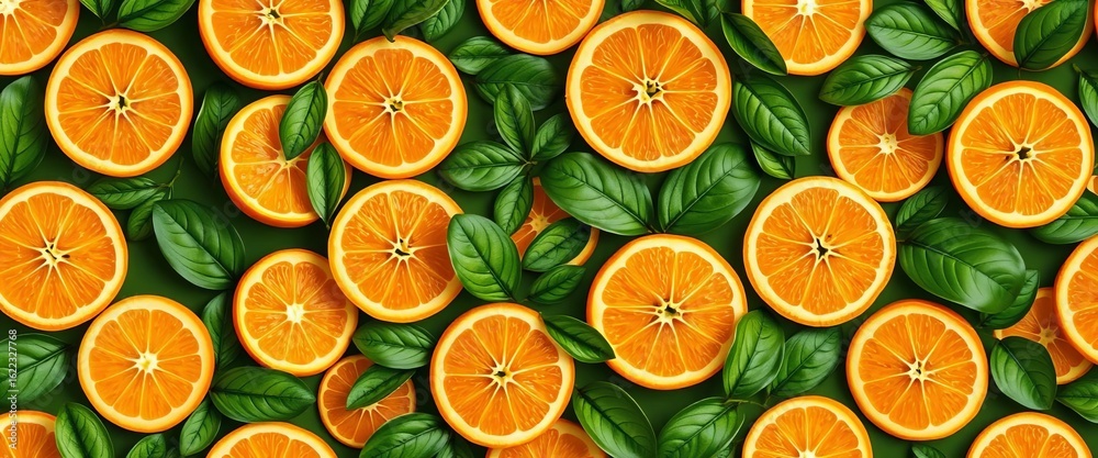 Continuous horizontal seamless pattern of vibrant orange fruit slices and lush green leaves, vector, food Continuous horizontal seamless pattern of vibrant orange fruit slices and lush green leaves, vector, food