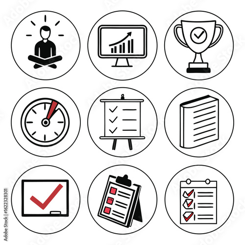 Icon Set Vector Collection of Business Elements Checklist Schedule Report and Trophy in Minimalist Style with Black and Red Accents