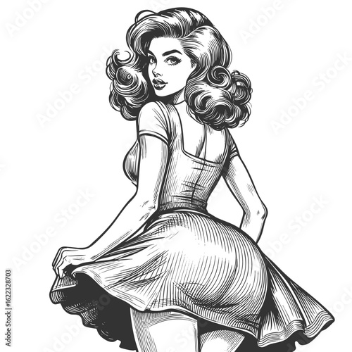 glamorous woman in a flared dress turning with a playful, flirtatious expression sketch engraving generative ai fictional character vector illustration. Scratch board imitation. Black and white image.