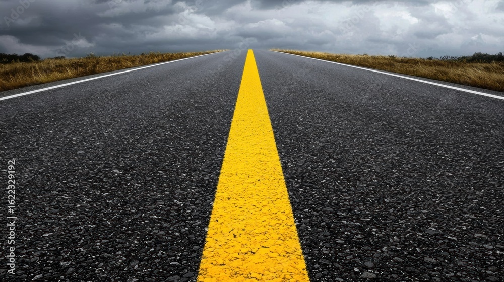 Naklejka premium A long, straight road with a yellow line down the middle.